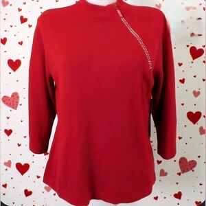 Designers Originals Red Mock Neck Sweater Small Asymmetrical Rhinestone Zipper